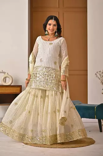 Cream georgette  party wear embroidery sharara  suit set