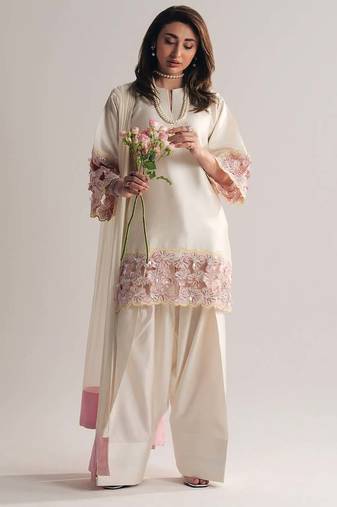Off white creap silk party wear embroidery suit set