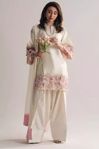 Off white creap silk party wear embroidery suit set