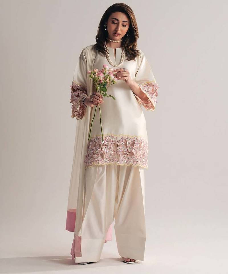Off white creap silk party wear embroidery suit set