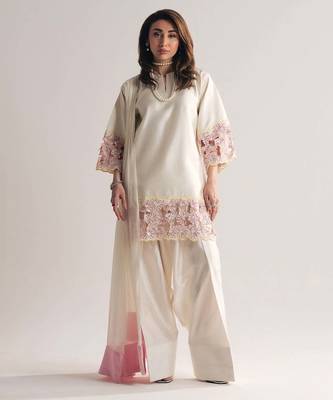 Off white creap silk party wear embroidery suit set 2