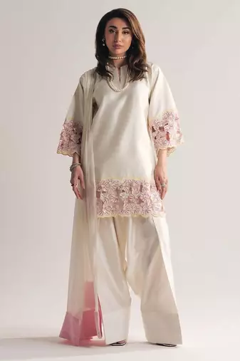 Off white creap silk party wear embroidery suit set