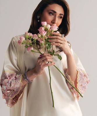 Off white creap silk party wear embroidery suit set 4