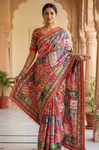 Multi Color Print And Real Mirror work Silk Saree