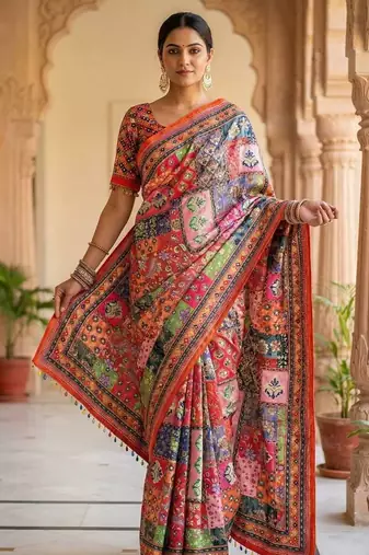 Multi Color Print And Real Mirror work Silk Saree