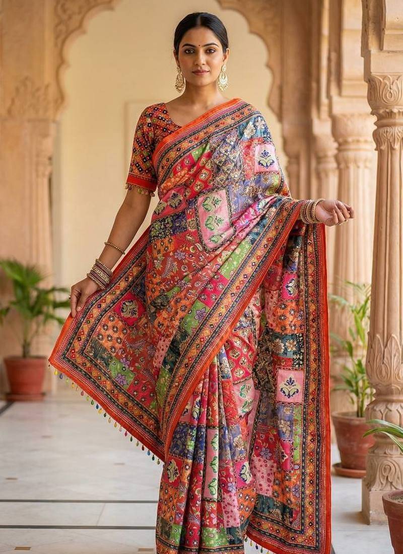 Multi Color Print And Real Mirror work Silk Saree