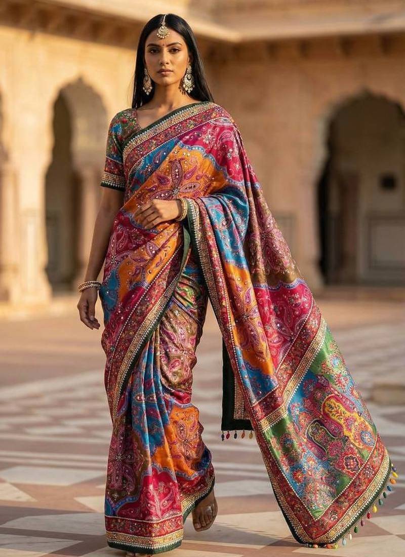 Multi Color Print And Real Mirror work Silk Saree