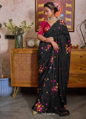 Black color flower print with handwork cut dana work organza saree 1