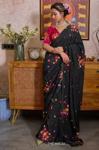 Black color flower print with handwork cut dana work organza saree
