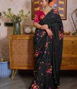 Black color flower print with handwork cut dana work organza saree