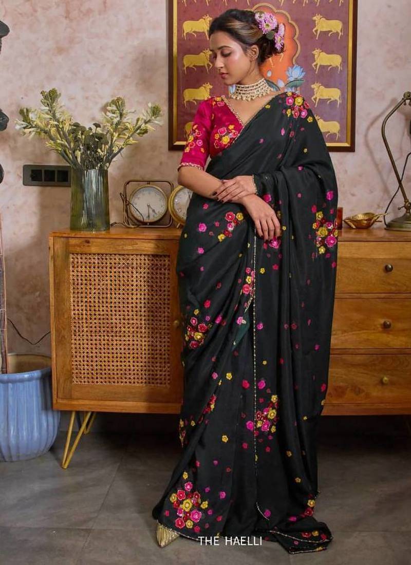 Black color flower print with handwork cut dana work organza saree
