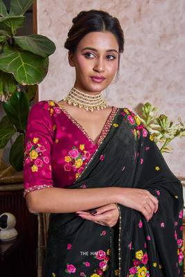 Black color flower print with handwork cut dana work organza saree 2