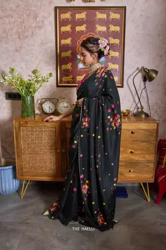 Black color flower print with handwork cut dana work organza saree