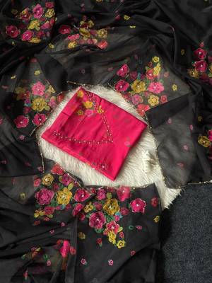 Black color flower print with handwork cut dana work organza saree 4