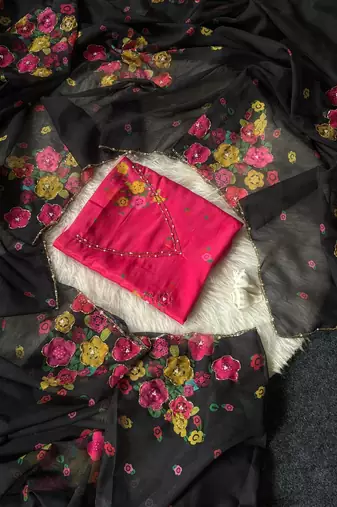 Black color flower print with handwork cut dana work organza saree