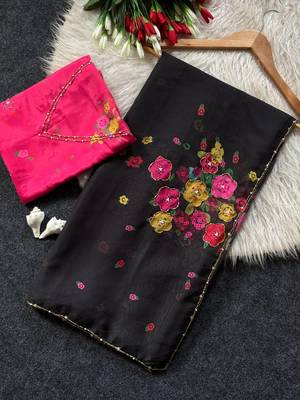 Black color flower print with handwork cut dana work organza saree 5