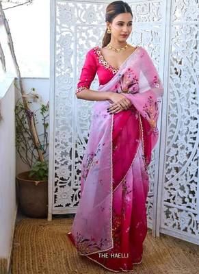 Rani pink color  handwork cut dana flower work  organza  saree 1
