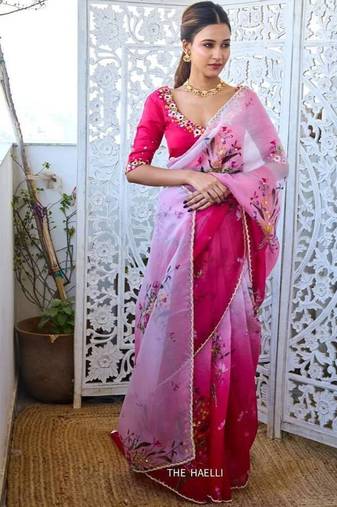 Rani pink color  handwork cut dana flower work  organza  saree