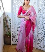Rani pink color  handwork cut dana flower work  organza  saree