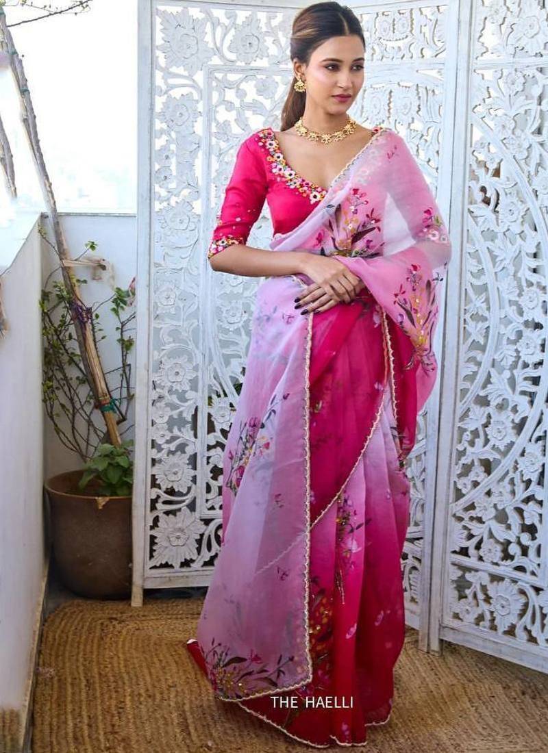 Rani pink color  handwork cut dana flower work  organza  saree