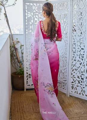 Rani pink color  handwork cut dana flower work  organza  saree 2