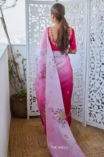 Rani pink color  handwork cut dana flower work  organza  saree