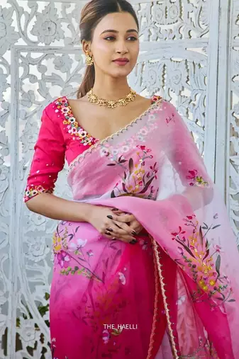 Rani pink color  handwork cut dana flower work  organza  saree