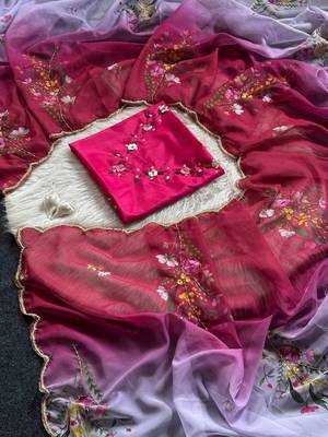 Rani pink color  handwork cut dana flower work  organza  saree 4