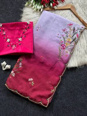 Rani pink color  handwork cut dana flower work  organza  saree 5