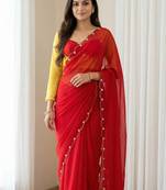 Red Color hatali Handowrk  Georgette Saree WitKh cutdana With Moti Work 