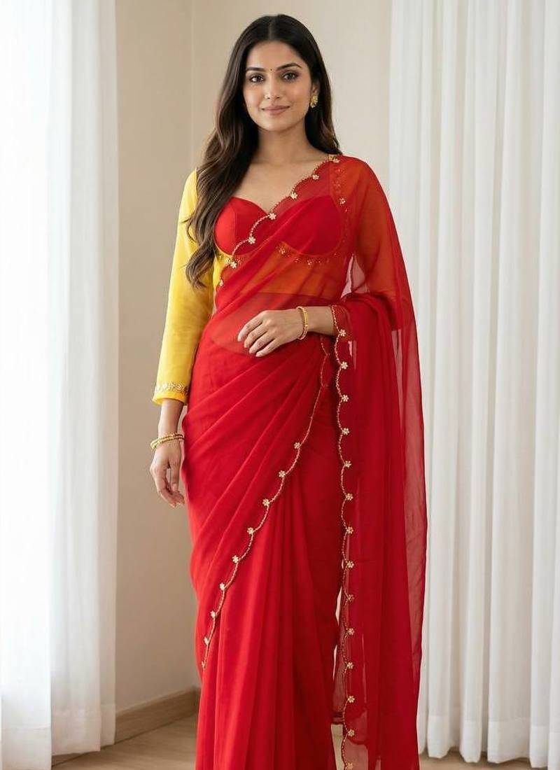 Red Color hatali Handowrk  Georgette Saree WitKh cutdana With Moti Work 