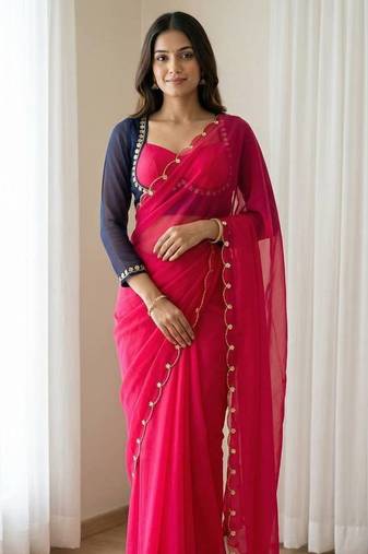 Rani Pink  Color hatali Handowrk  Georgette Saree WitKh cutdana With Moti Work 