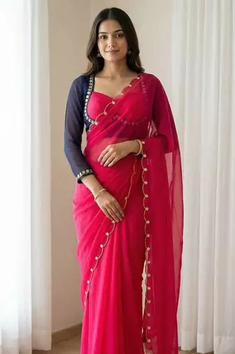 Rani Pink  Color hatali Handowrk  Georgette Saree WitKh cutdana With Moti Work 