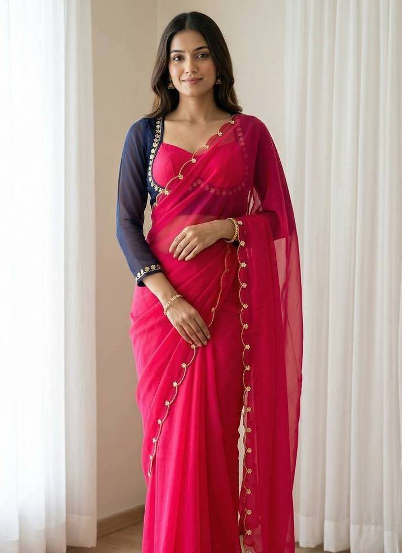 Rani Pink  Color hatali Handowrk  Georgette Saree WitKh cutdana With Moti Work 