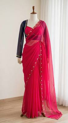 Rani Pink  Color hatali Handowrk  Georgette Saree WitKh cutdana With Moti Work  2