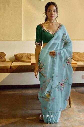 Sky Bluecolor  handwork cut dana flower work  organza  saree