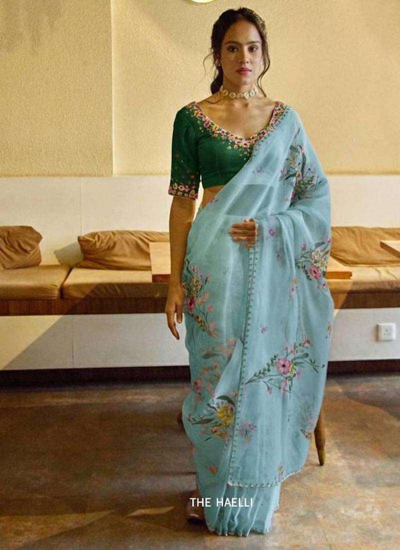 Sky Bluecolor  handwork cut dana flower work  organza  saree