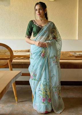 Sky Bluecolor  handwork cut dana flower work  organza  saree 2