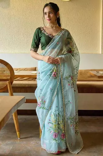 Sky Bluecolor  handwork cut dana flower work  organza  saree