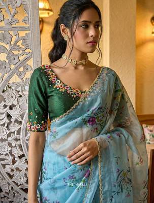 Sky Bluecolor  handwork cut dana flower work  organza  saree 3