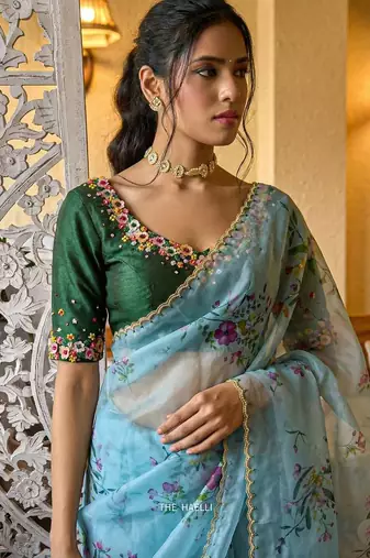 Sky Bluecolor  handwork cut dana flower work  organza  saree