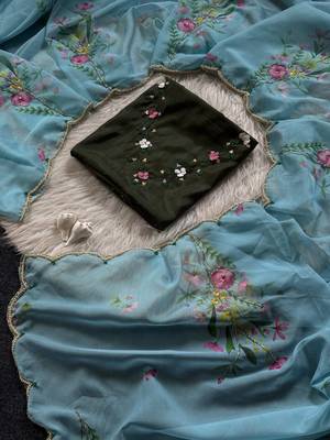 Sky Bluecolor  handwork cut dana flower work  organza  saree 4