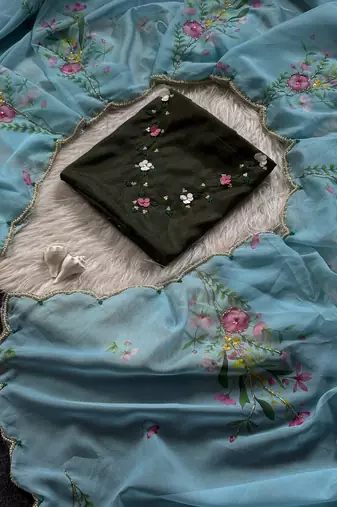 Sky Bluecolor  handwork cut dana flower work  organza  saree