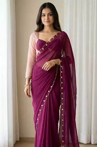 Wine Color hatali Handowrk  Georgette Saree WitKh cutdana With Moti Work 