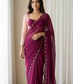 Wine Color hatali Handowrk  Georgette Saree WitKh cutdana With Moti Work 