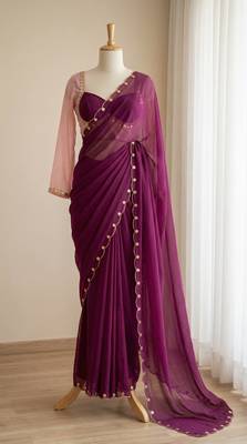 Wine Color hatali Handowrk  Georgette Saree WitKh cutdana With Moti Work  2