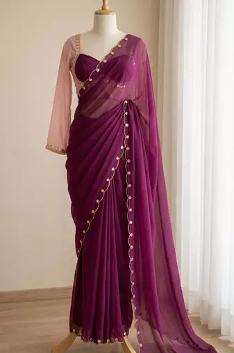 Wine Color hatali Handowrk  Georgette Saree WitKh cutdana With Moti Work 
