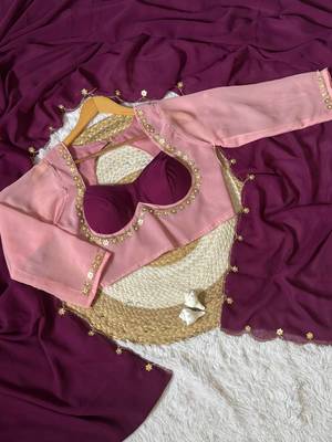 Wine Color hatali Handowrk  Georgette Saree WitKh cutdana With Moti Work  3