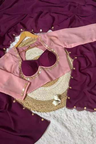 Wine Color hatali Handowrk  Georgette Saree WitKh cutdana With Moti Work 