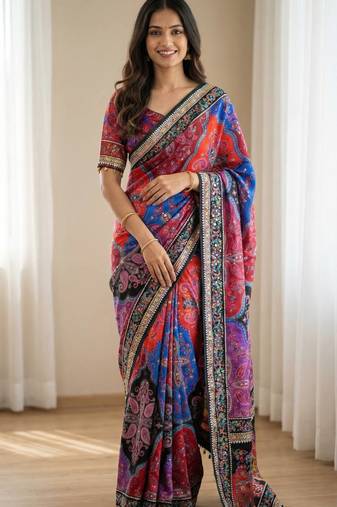 Multi Color ajarakh Print And All Saree Real Mirror work  Work Silk Saree